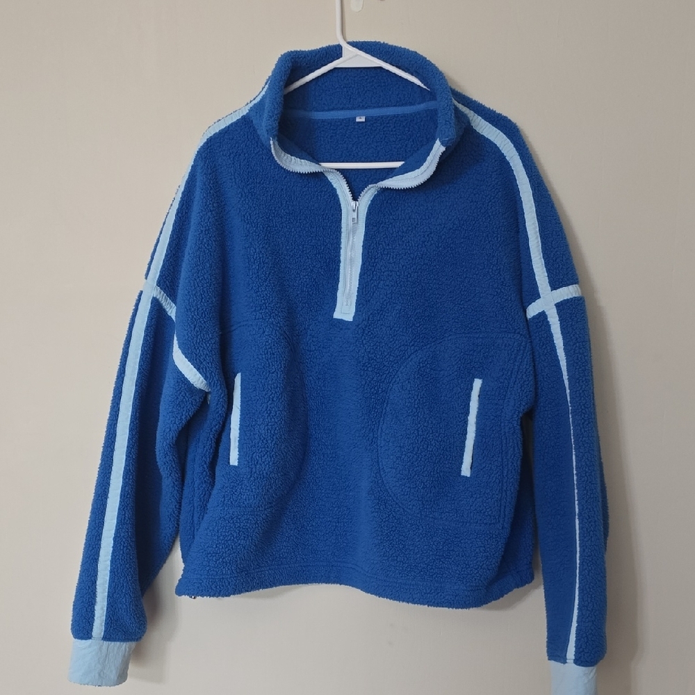Blue Sherpa Pullover with Light Blue Trim